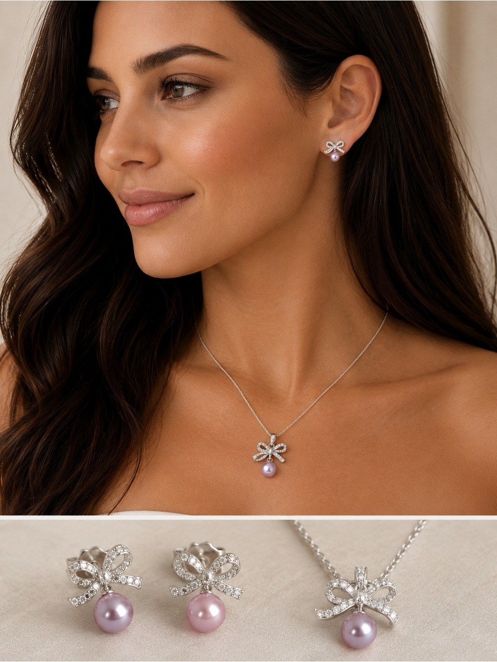 Freshwater Pearl 925 Silver Bow Necklace & Earrings Set Metallic Purple